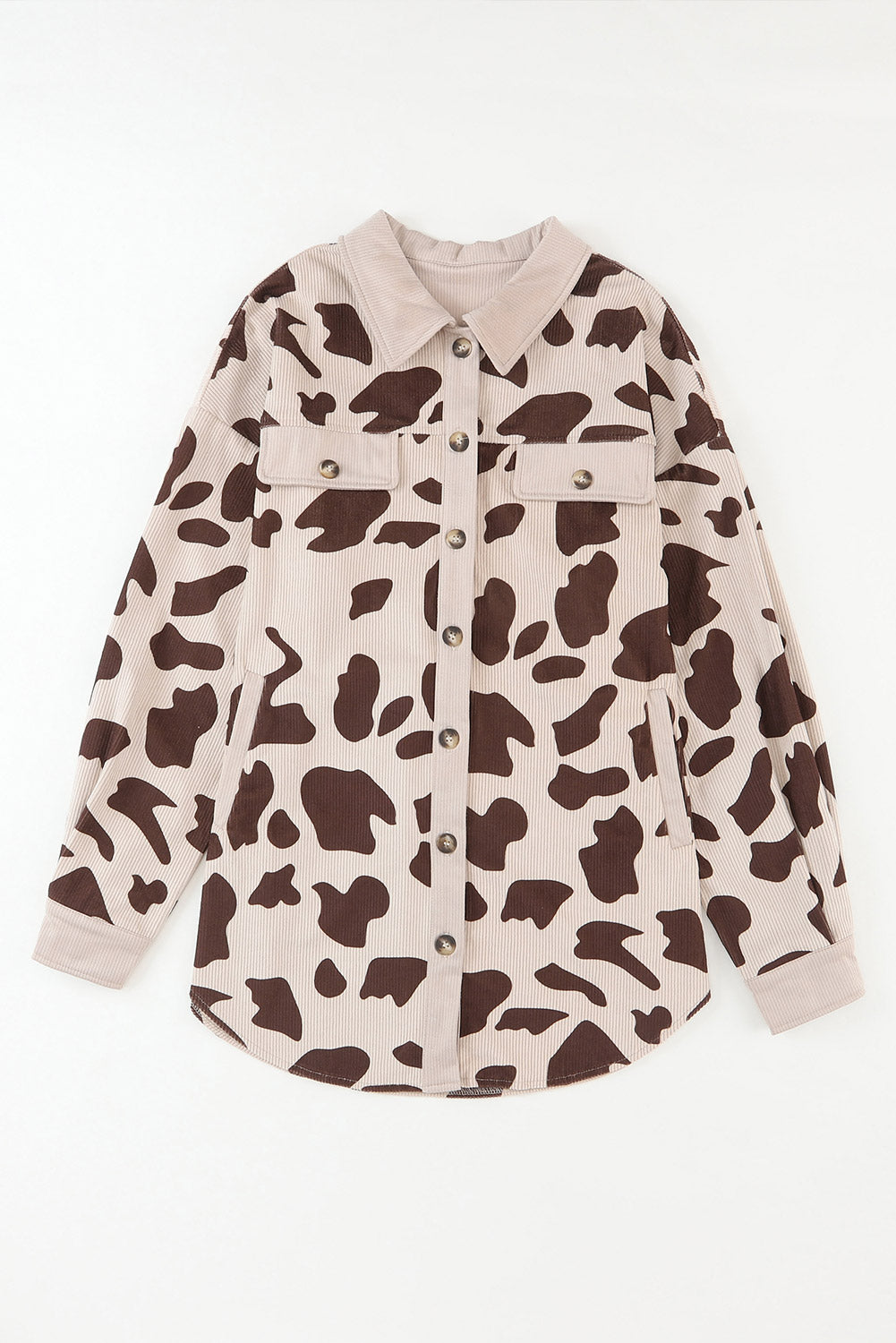 Khaki Cow Spots Printed Corduroy Shacket