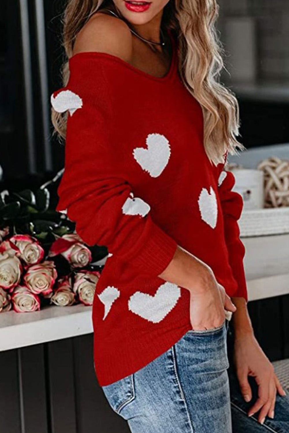 Red Heart Pattern V Neck Knit Sweater