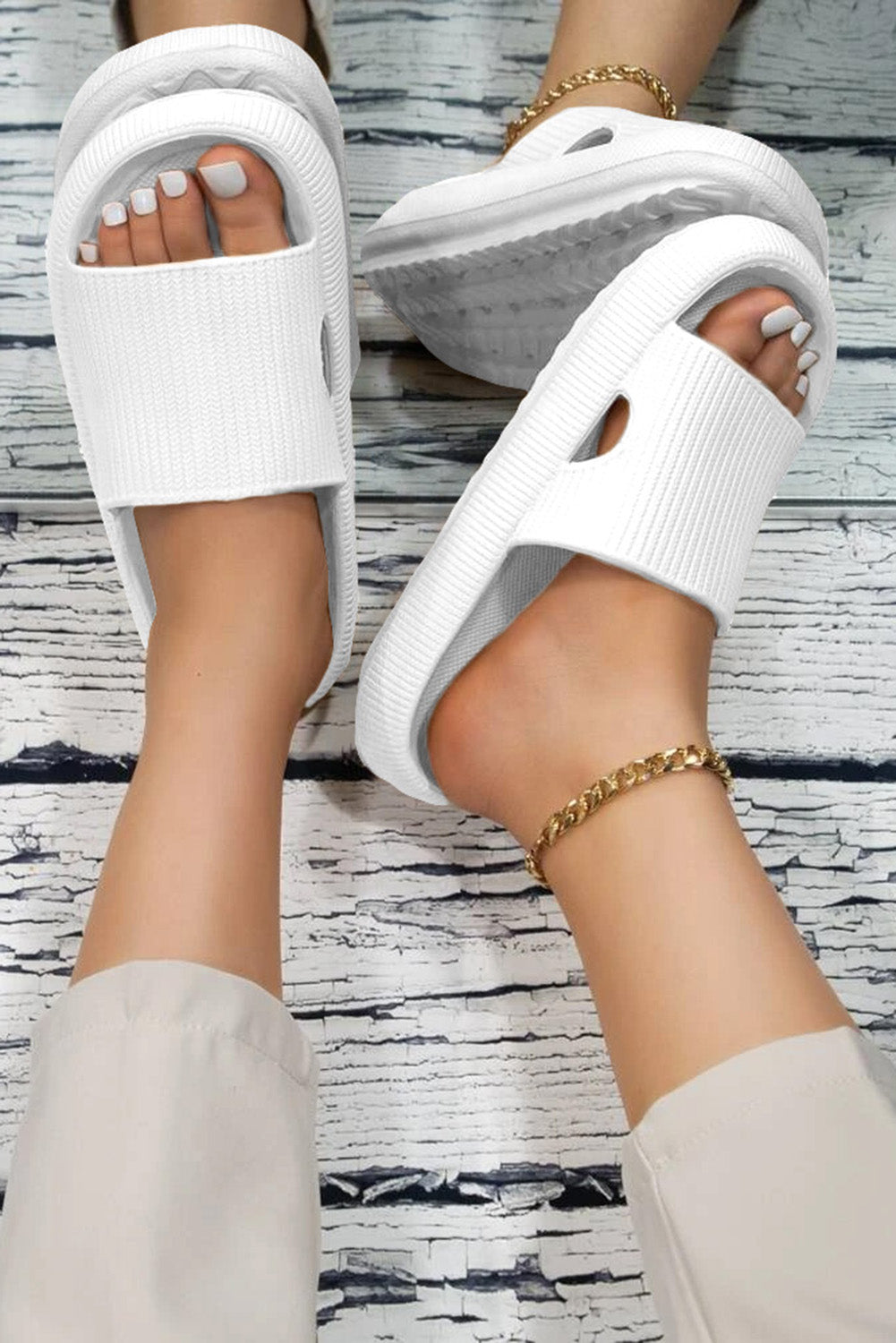 Black Hollow-out Thick Soled Slip On Slippers