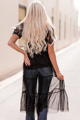Black Polka Dot Button Up Short Sleeve Sheer Kimono