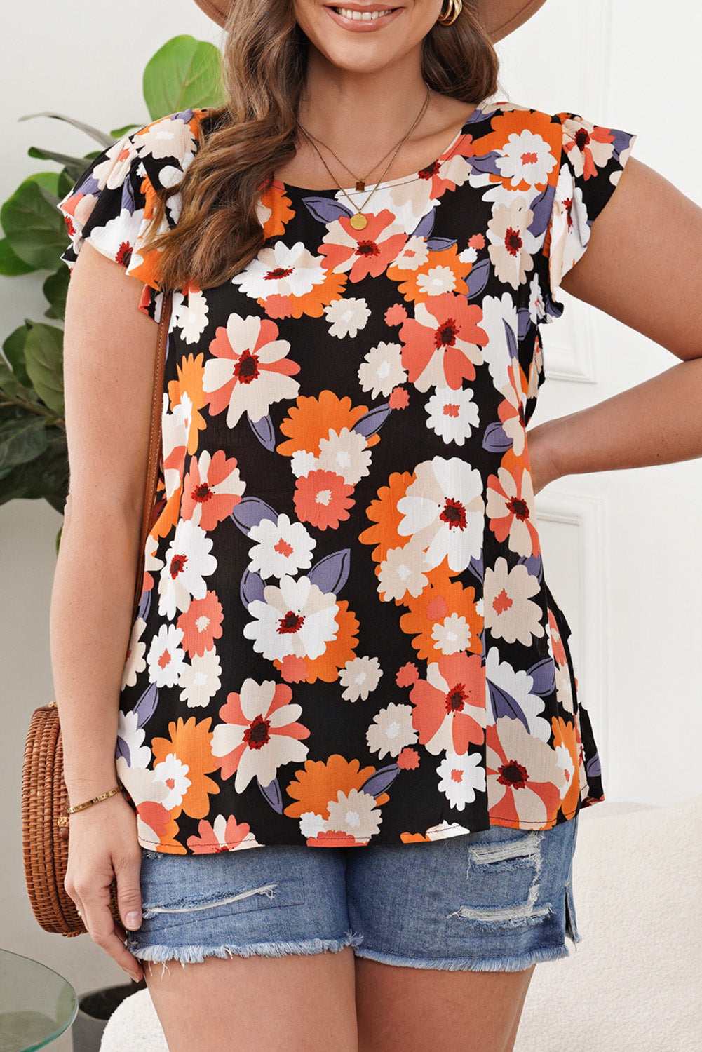 Multicolor Ruffle Sleeve Floral Plus Size Top