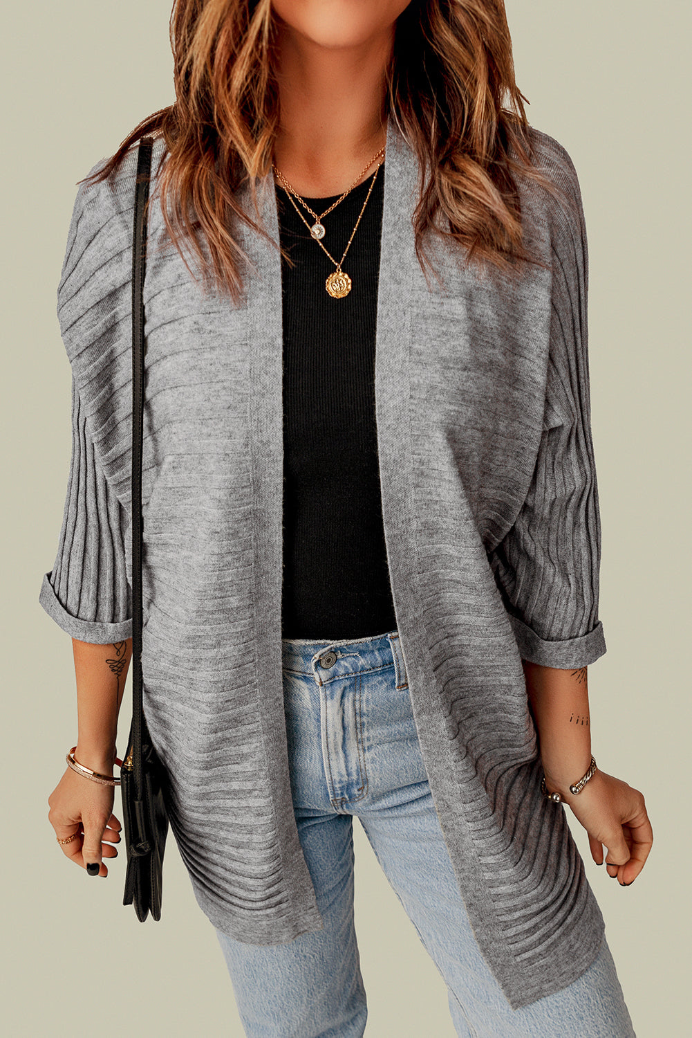 Red Ribbed Open Front Knit Cardigan