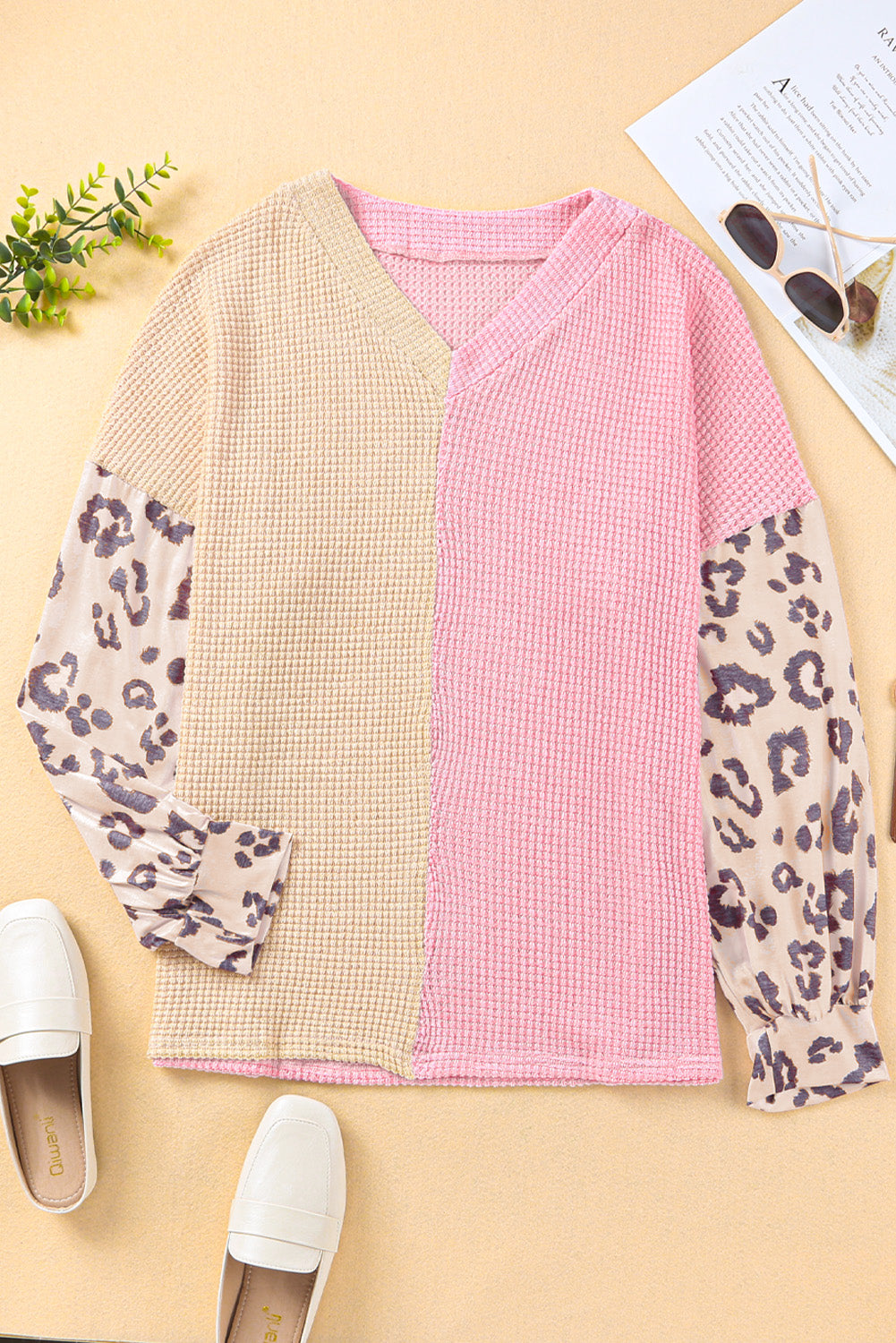 Pink Plus Size Leopard Sleeve Color Block Waffle Knit Top