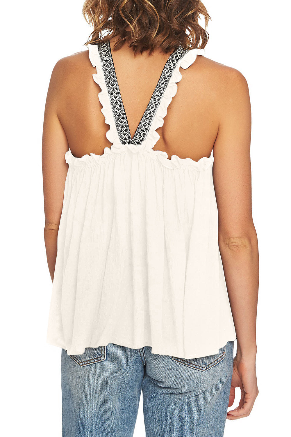 Beige Frilled Halter Neck Crinkle Babydoll Tank Top