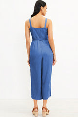 Sky Blue Buttoned Wide Leg Belted Chambray Strappy Jumpsuit