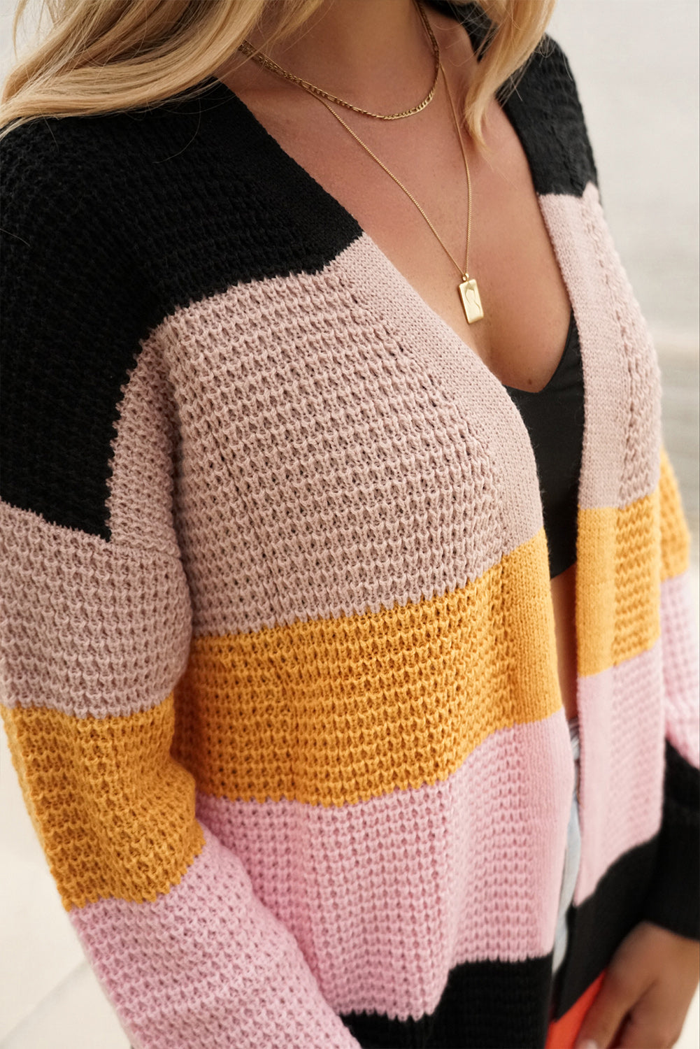 Multicolor Waffle Knit Color Block Open Front Cardigan