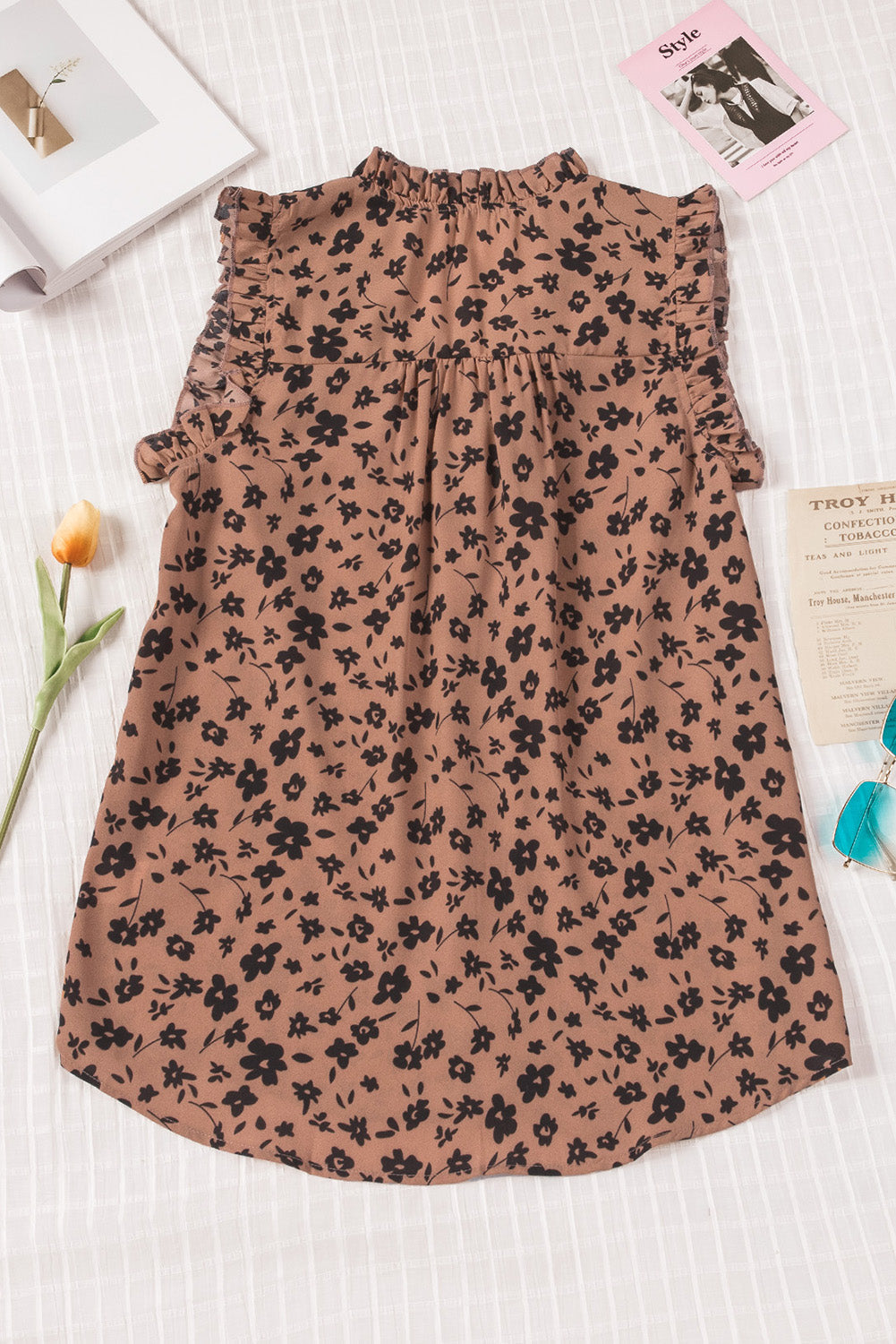 Brown Floral Print Frilled Tank Top