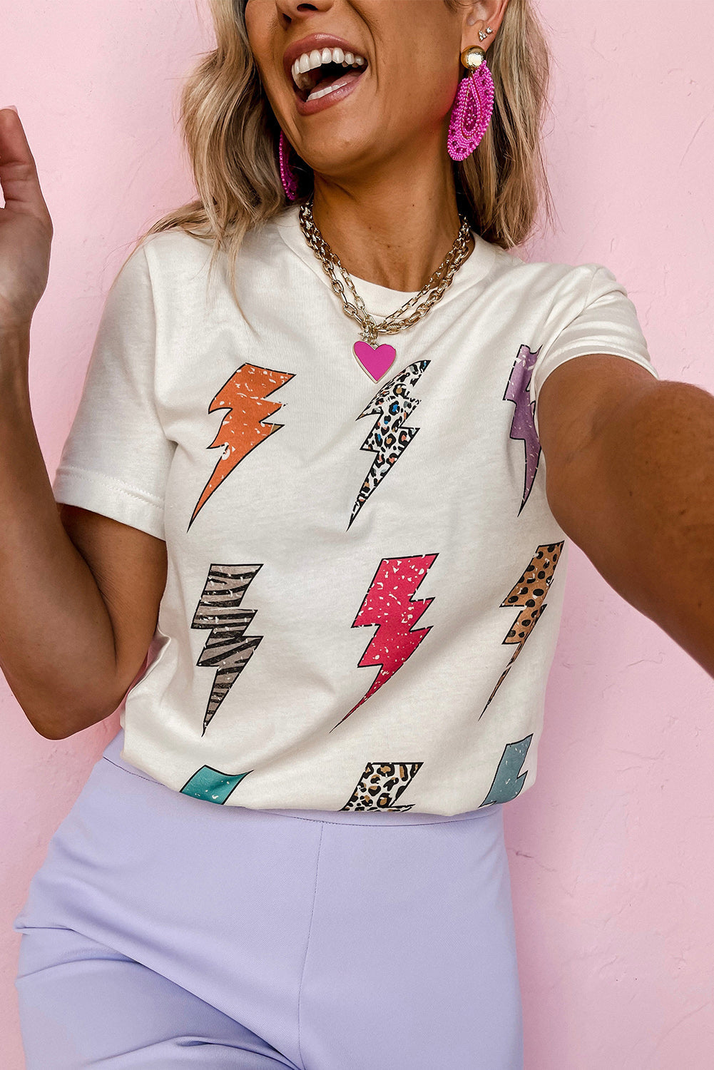 White Printed Lightning Round Neck Short Sleeve Top