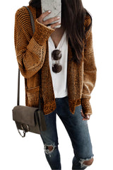 Brown Chunky Waffle Knit Oversized Collar Cardigan