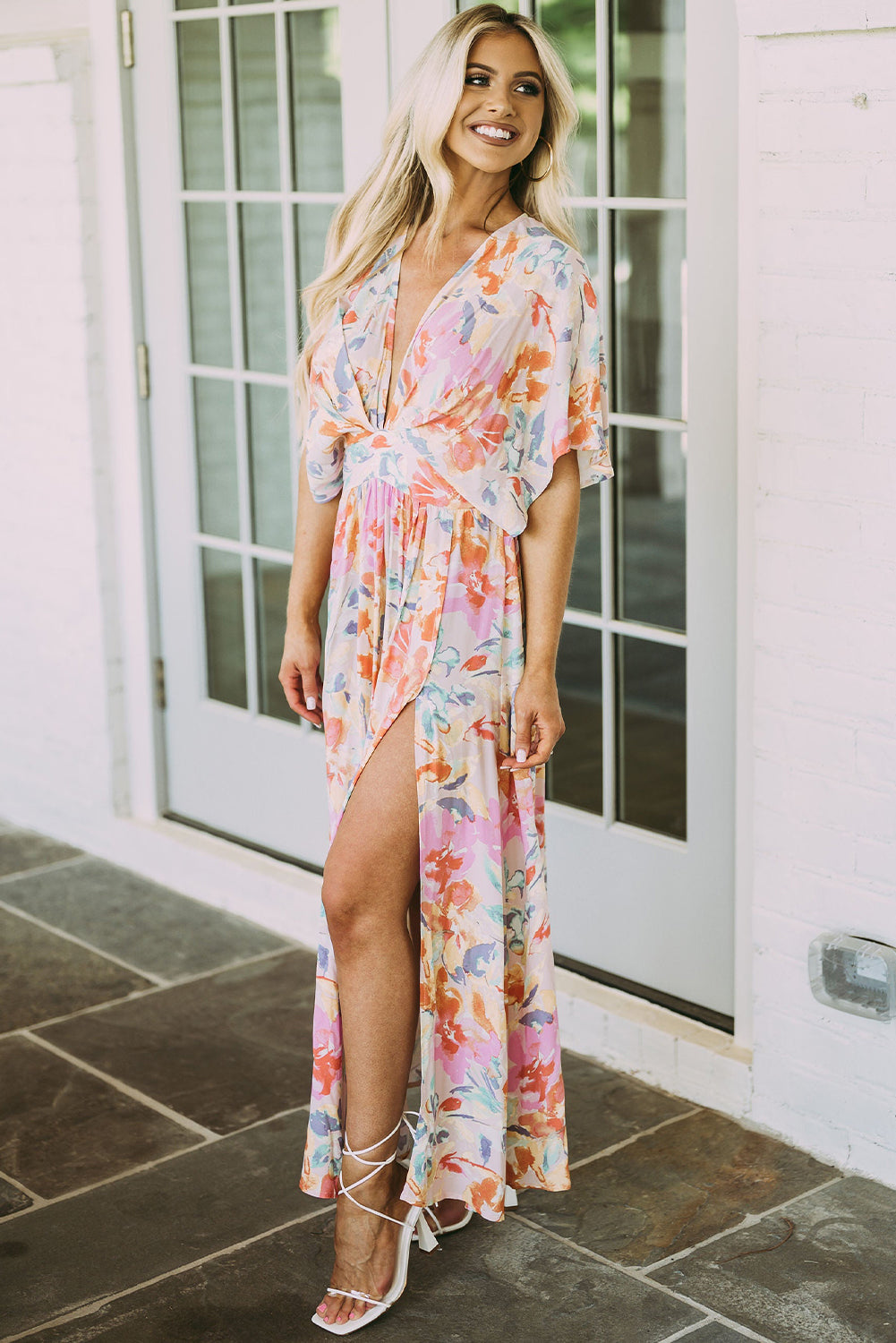 Multicolor Tropical Floral Print Ruched V Neck Maxi Dress