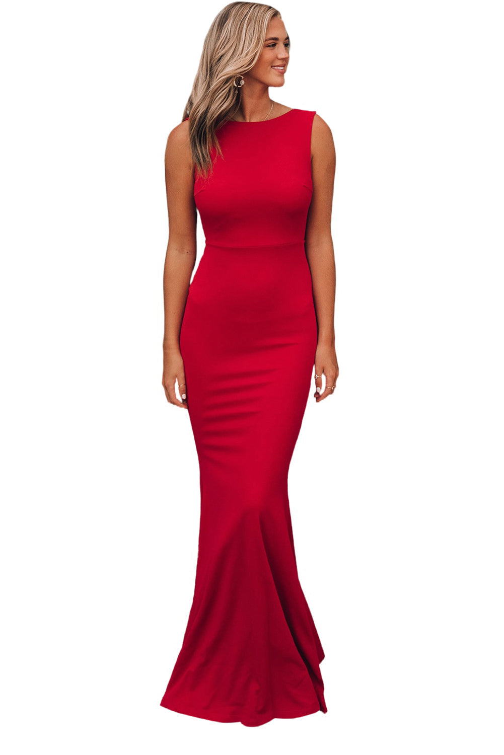 Red Bow Knot Ruffled Backless Sleeveless Gown