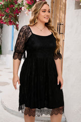 Black Eyelash Lace Square Neck Plus Size Dress