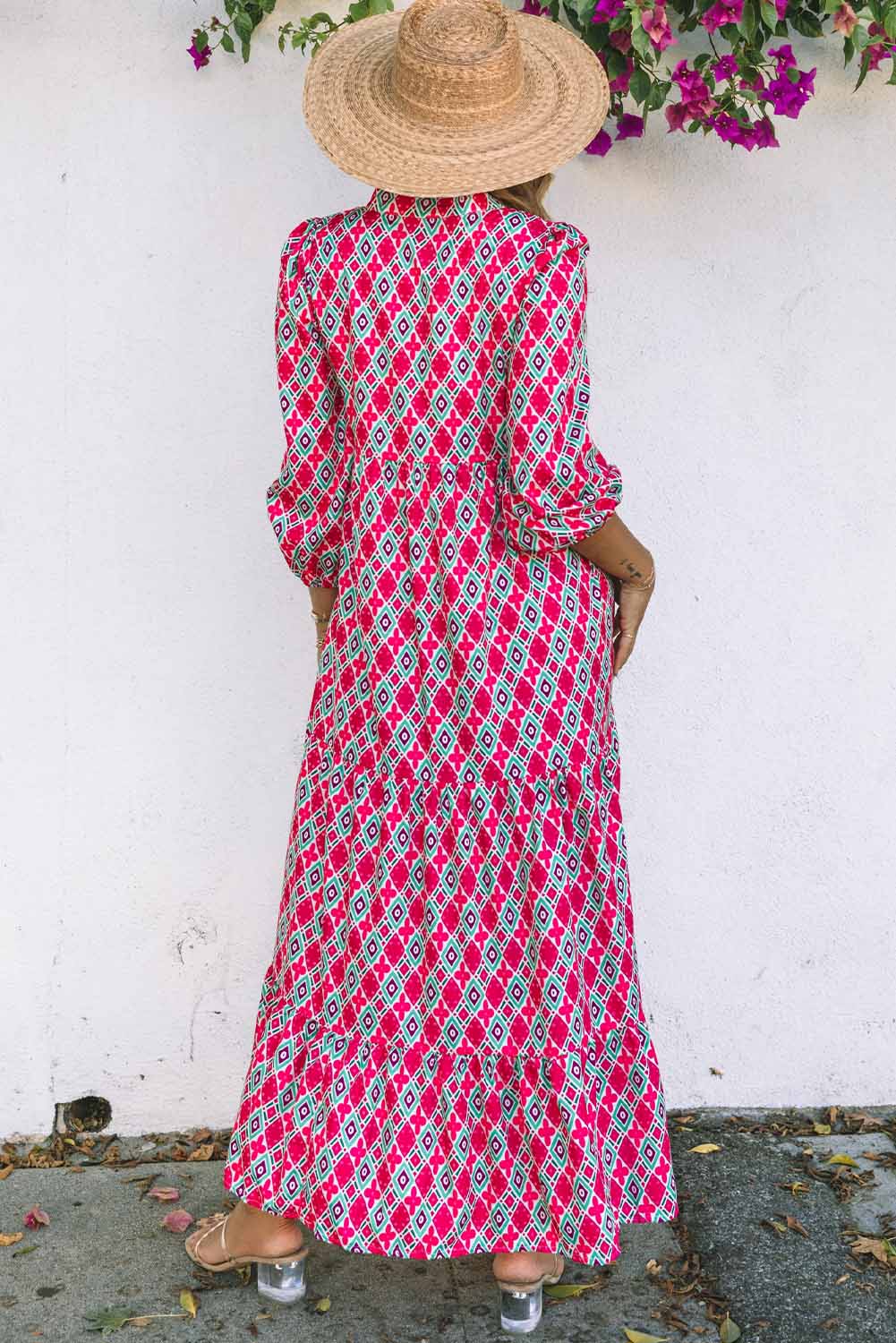 Rose Bohemian Geometry Print 3/4 Puff Sleeve Dress