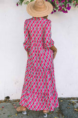 Rose Bohemian Geometry Print 3/4 Puff Sleeve Dress