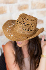 Khaki Hollow-out Straw Cowboy Hat