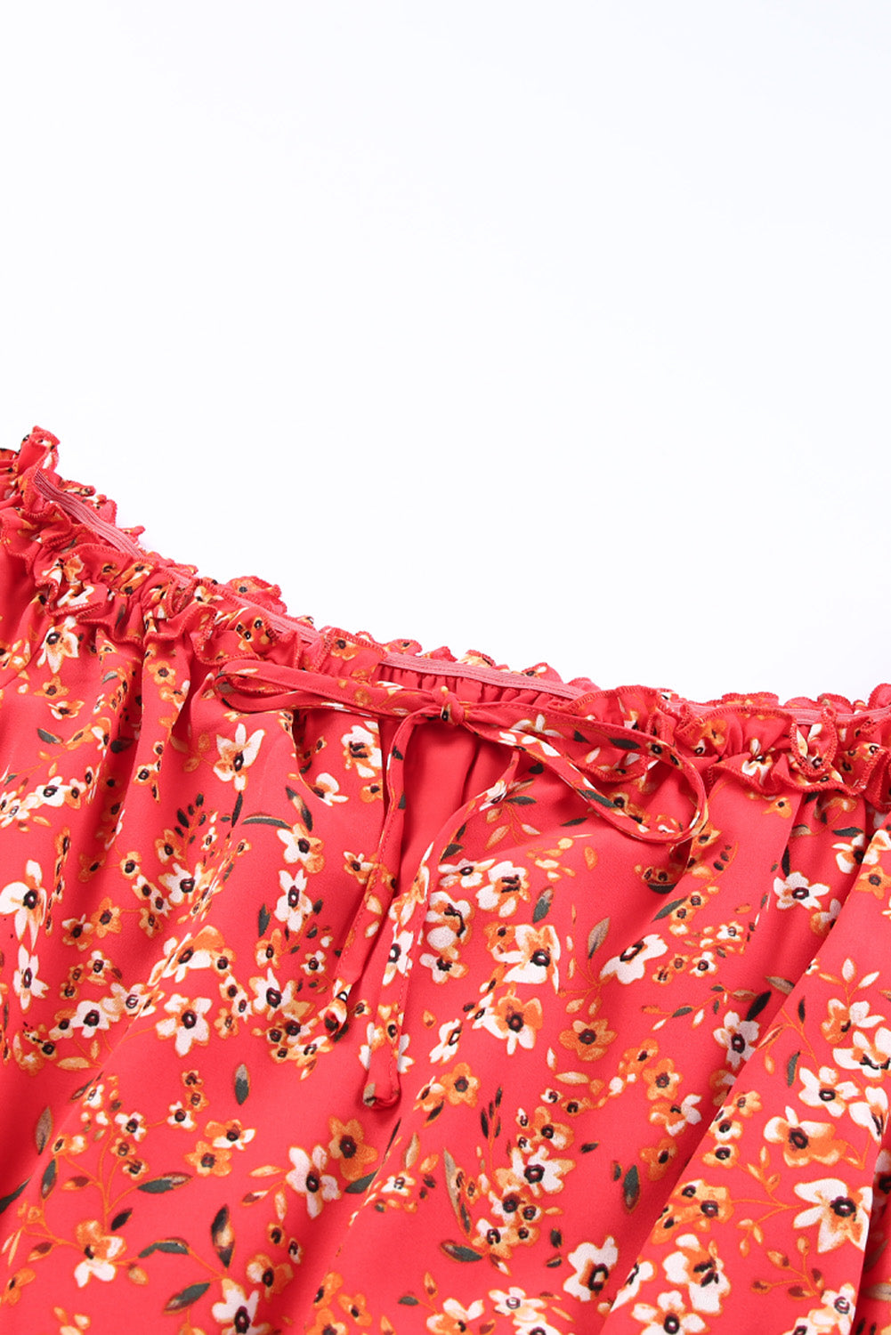 Red Frilled Neckline Tiered Ruffled Floral Dress