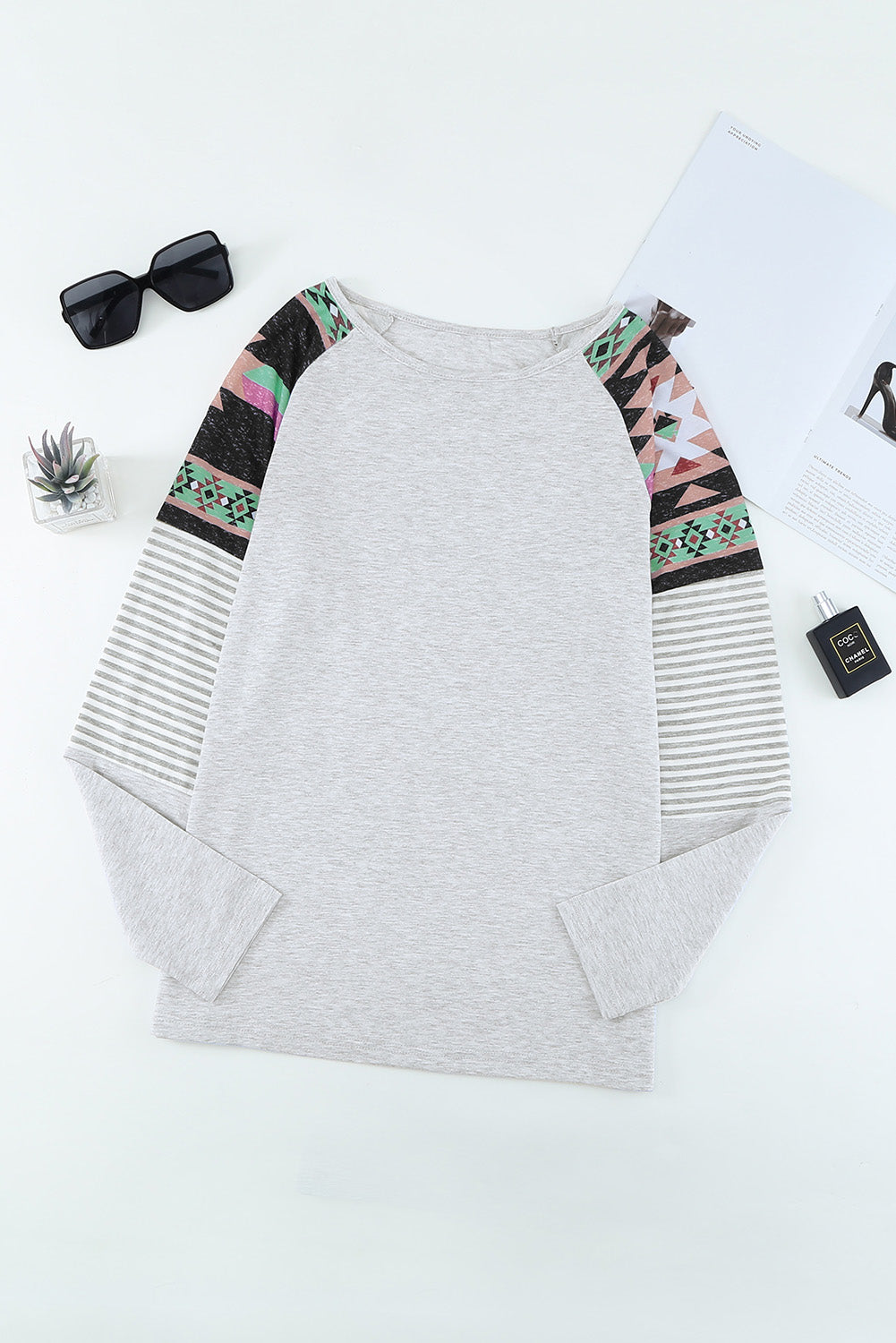 Round Neck Tribal Striped Raglan Top