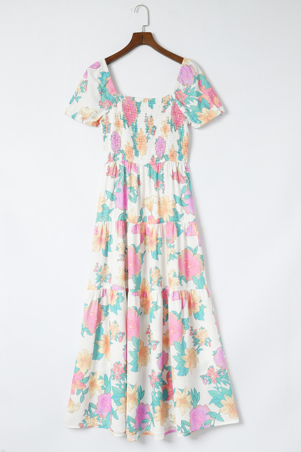 Multicolor Square Neck Puff Sleeve Tiered Floral Maxi Dress