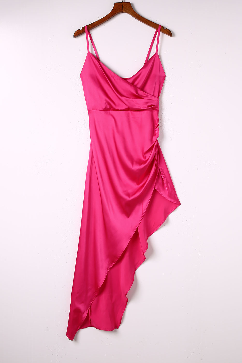 Rose Ruched Wrap V Neck Slit Satin Dress