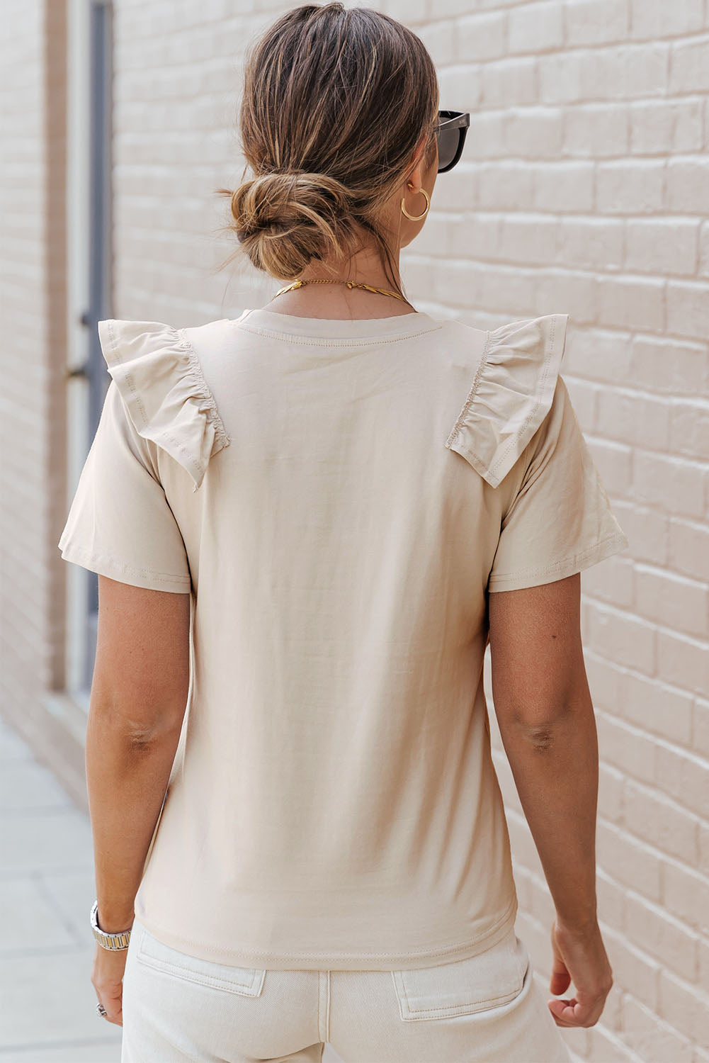 Khaki Solid Ruffle Trim Short Sleeve Top