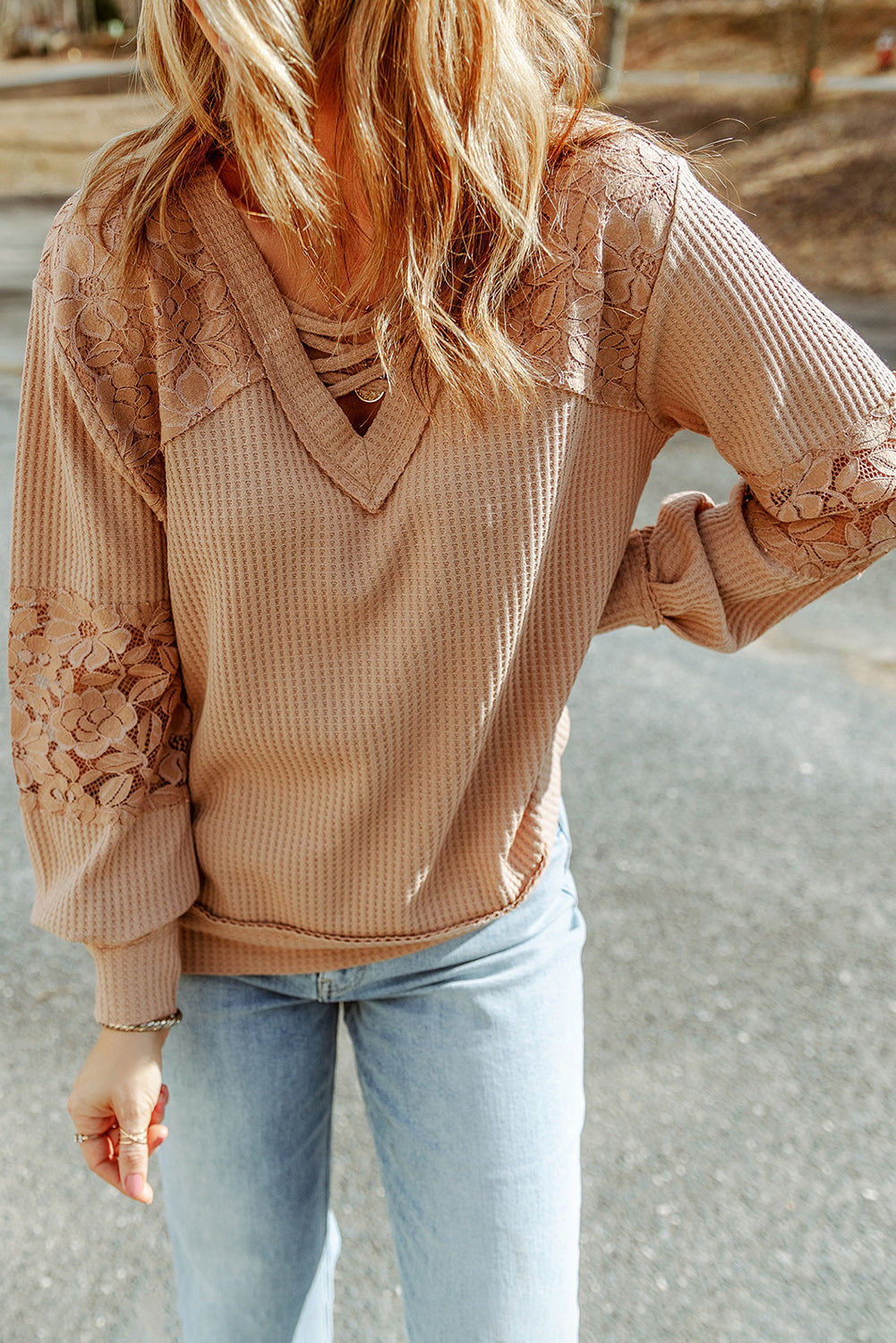 Pink Lace Waffle Patchwork Strappy V Neck Long Sleeve Top