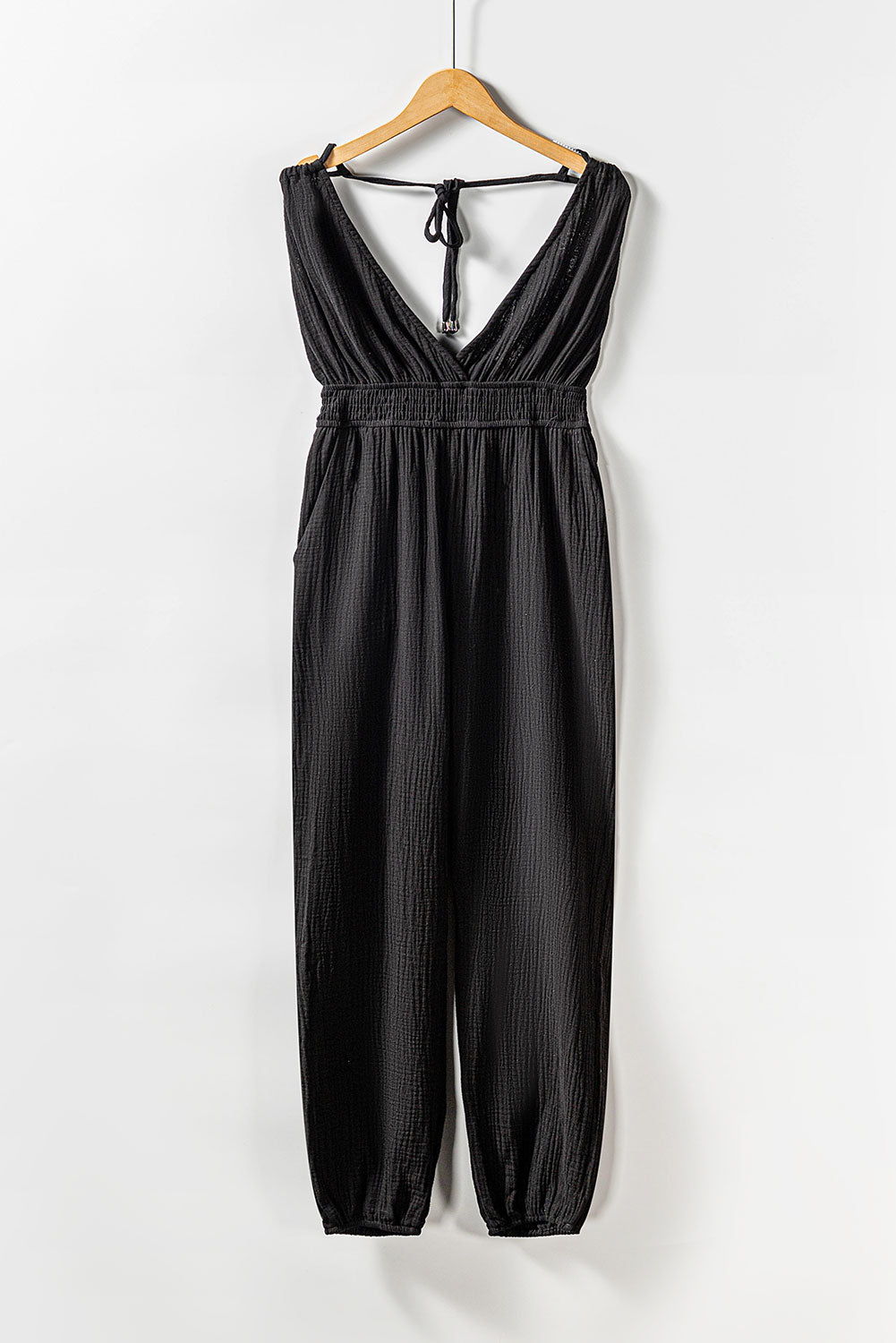 Black V Neck Knotted Shoulder Backless Pocket Jumpsuit