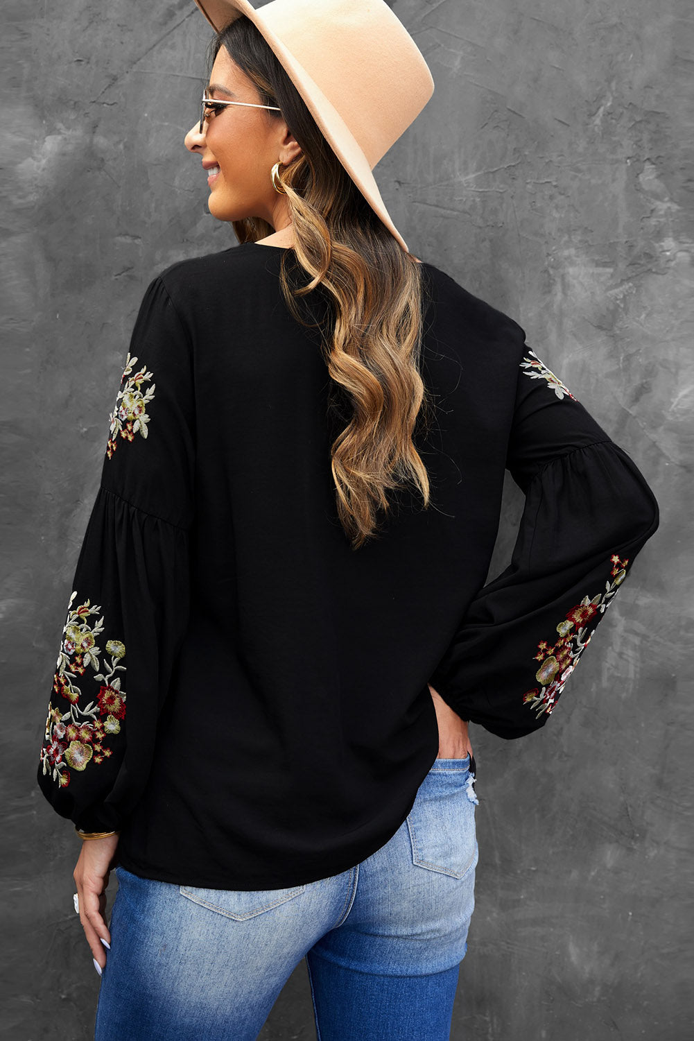 Black Floral Embroidery Long Sleeve Top