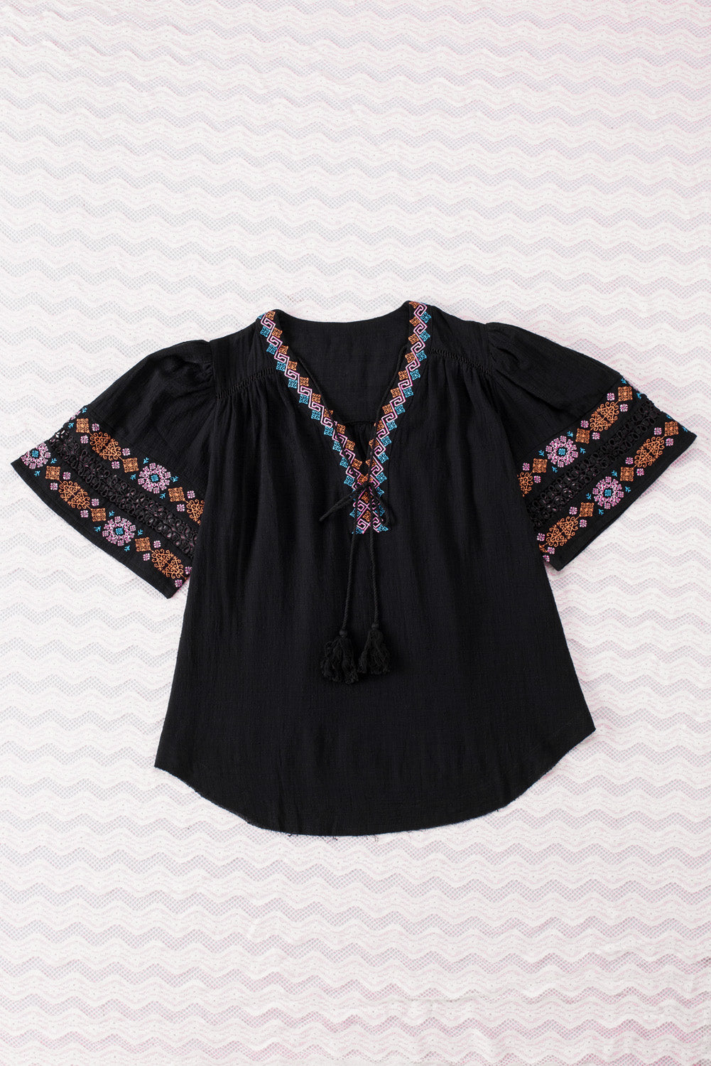 Beige Tassel Drawstring Embroidered Half Sleeve V Neck Top