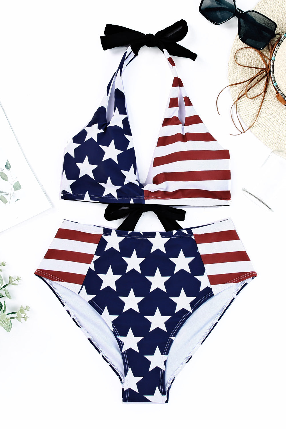 Blue Stars and Stripes Patchwork Flag Pattern Bikini Swimsuit