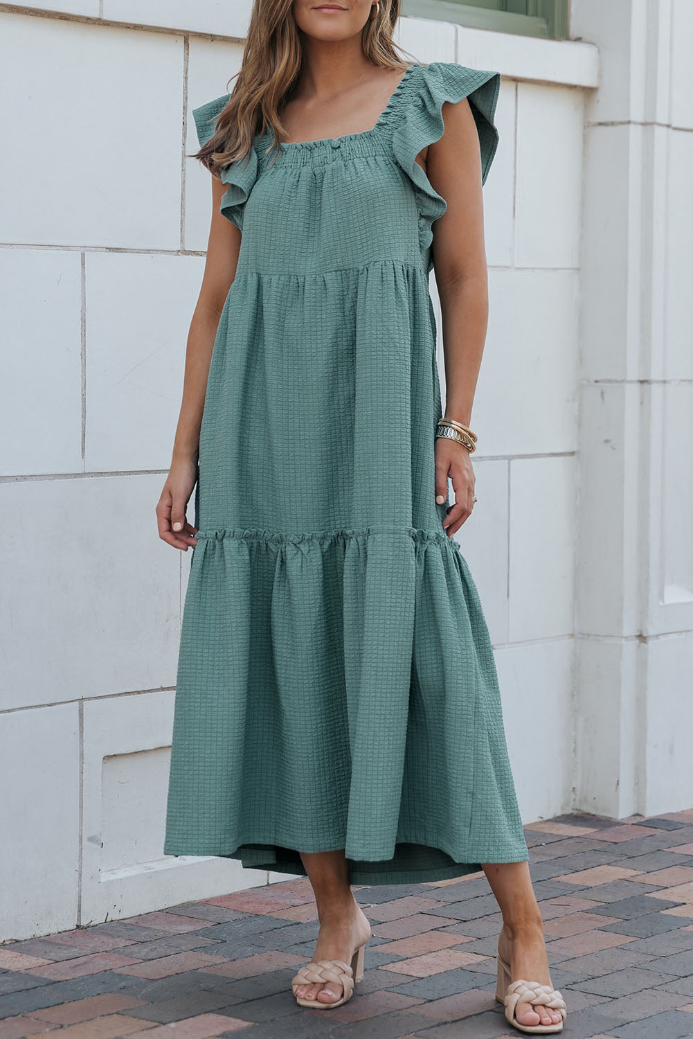 Green Smocked Neckline Flutter Sleeve Maxi Dress