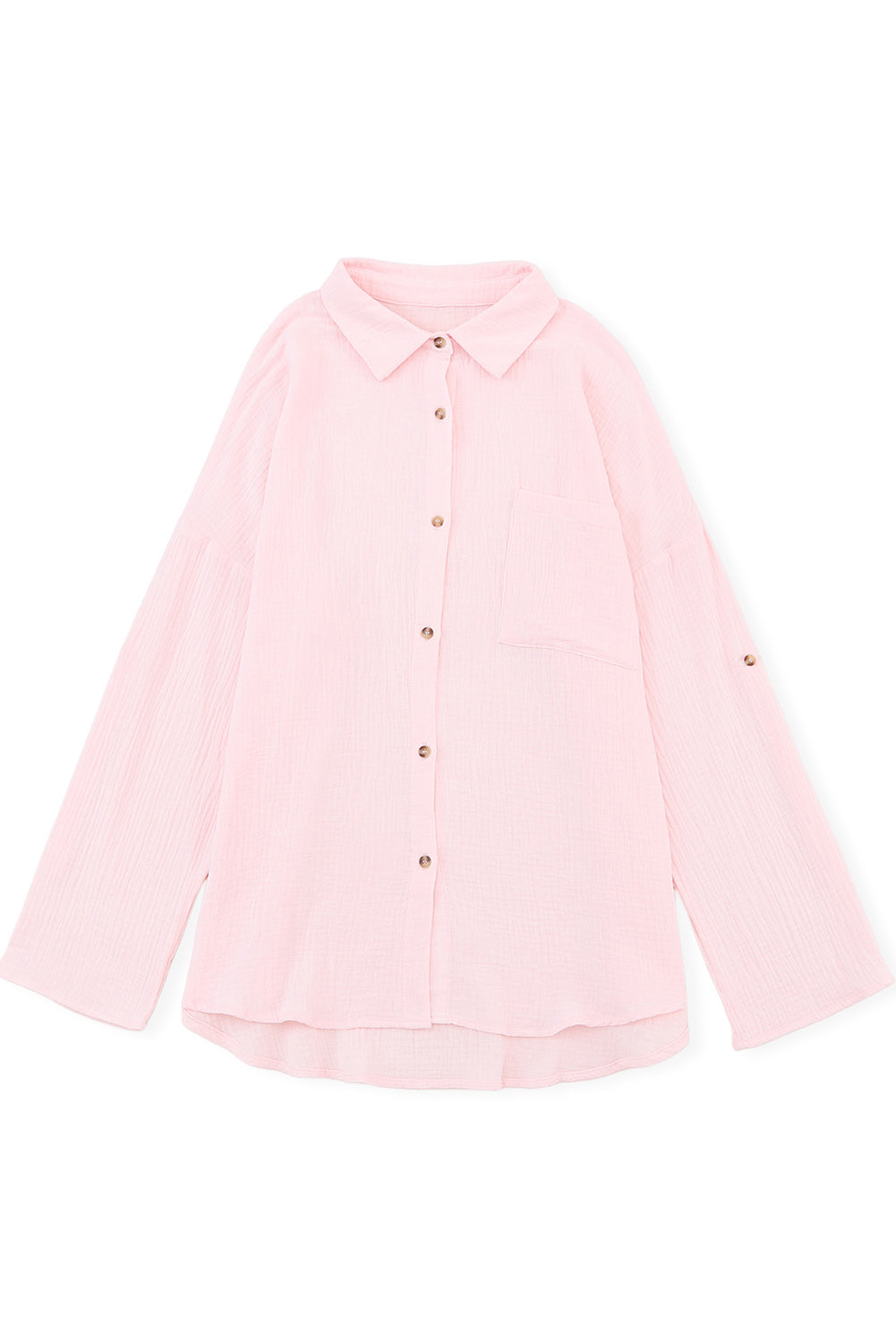 Pink Crinkle Texture Roll-tab Sleeve Shirt