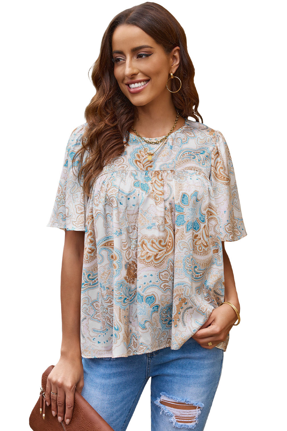 Multicolor Paisley Print Wide Sleeves Loose Blouse