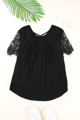 Black Cut Out Lace Patchwork Short Sleeve Top