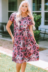 Red Leopard Print Short Sleeve A-line Dress