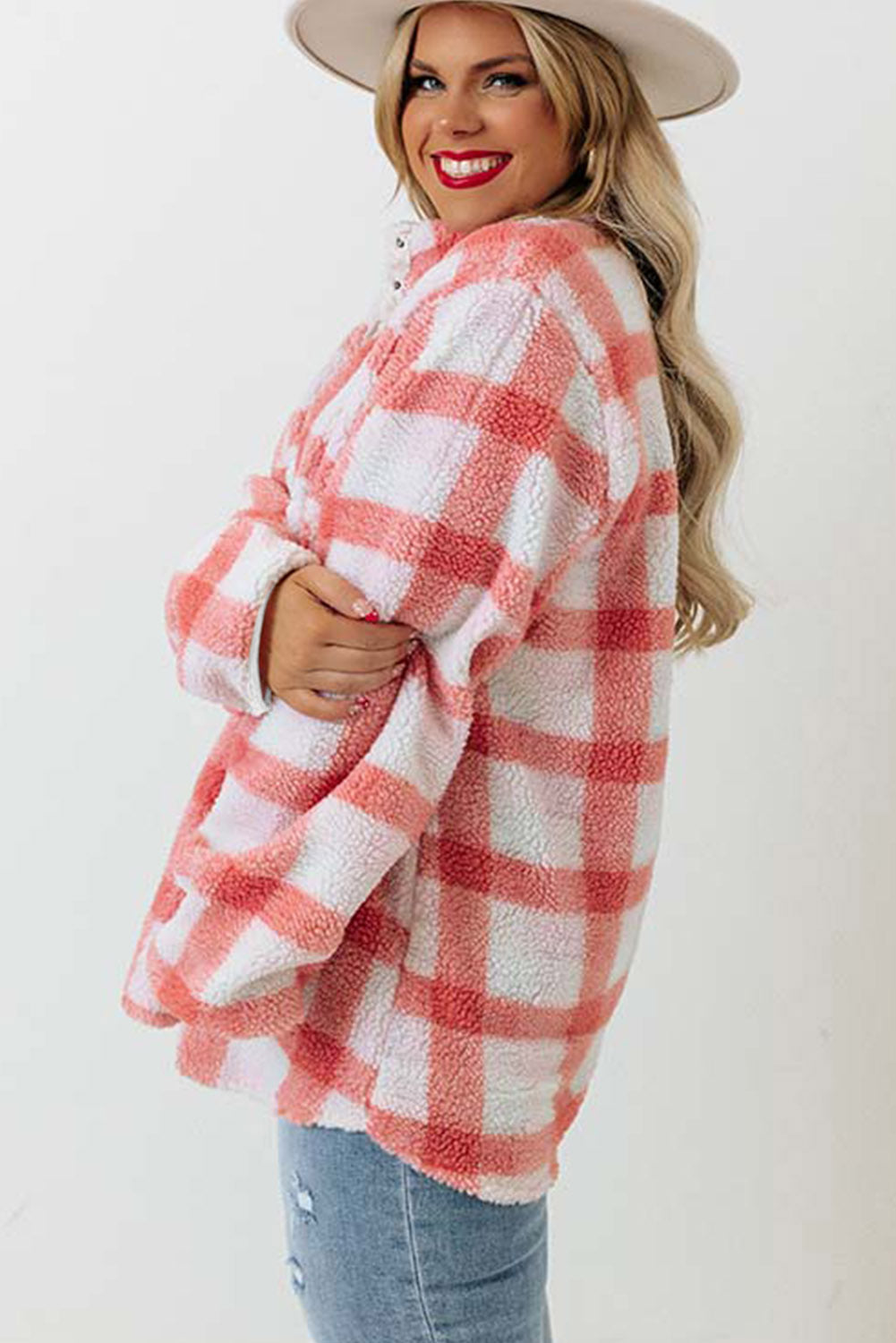 Pink Plus Size Tunic Plaid Sherpa Henley Sweatshirt