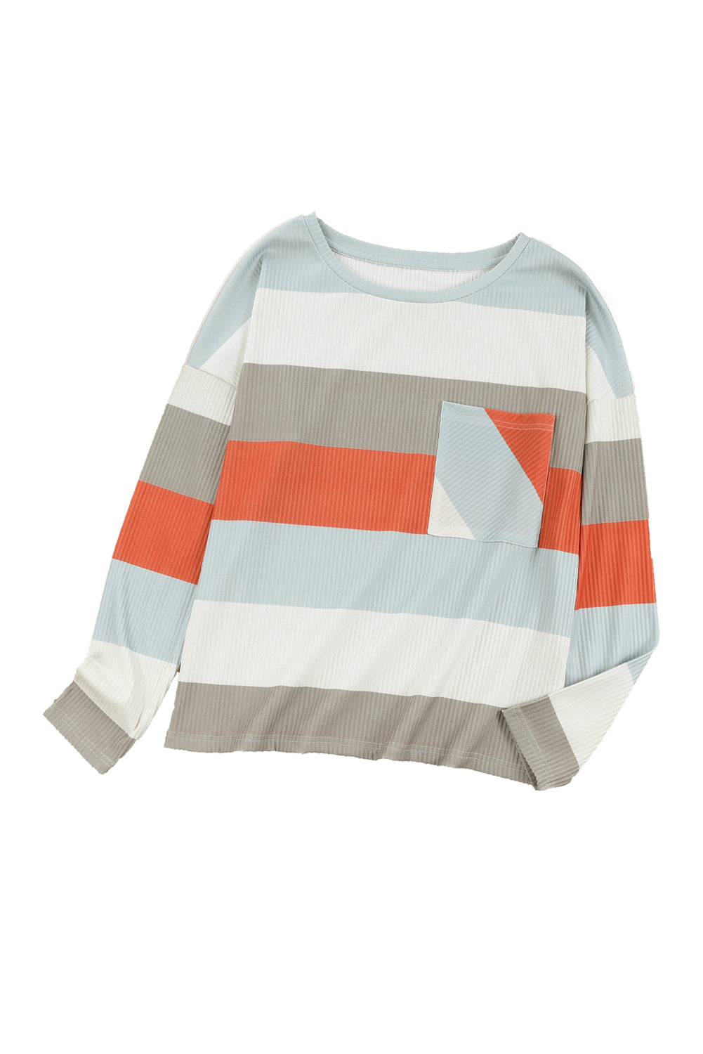 Red Striped Colorblock Ribbed Knit Top with Pocket