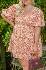 Multicolor Plus Size Floral Print Puff Sleeves Dress