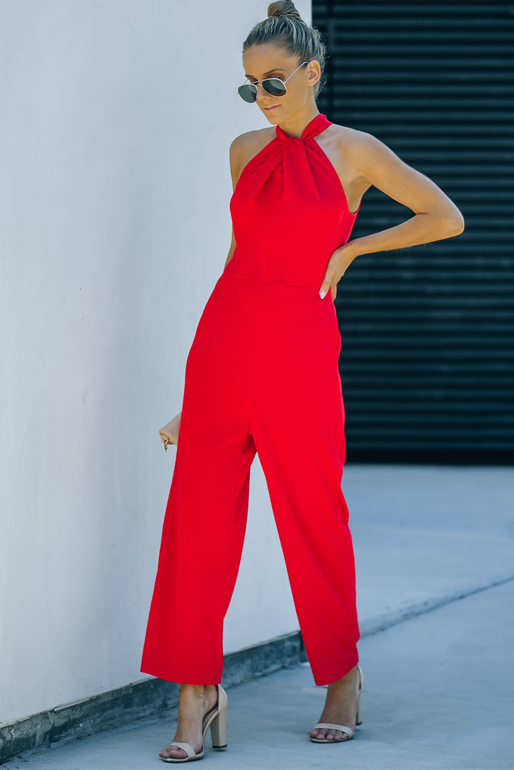 Red Halter Neck Sleeveless Wide Leg Jumpsuit