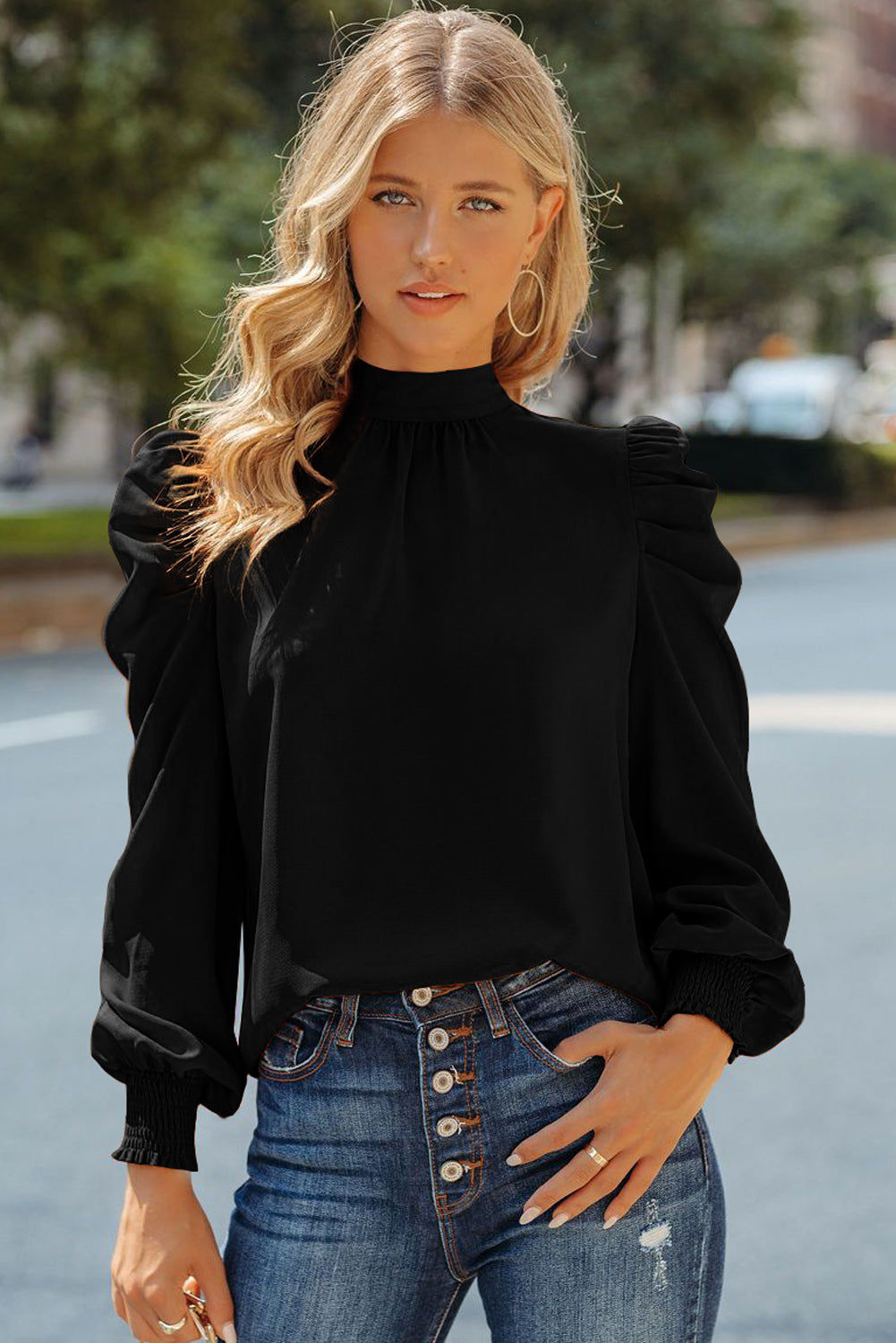 Black Long Bubble Sleeve Mock Neck Chiffon Top