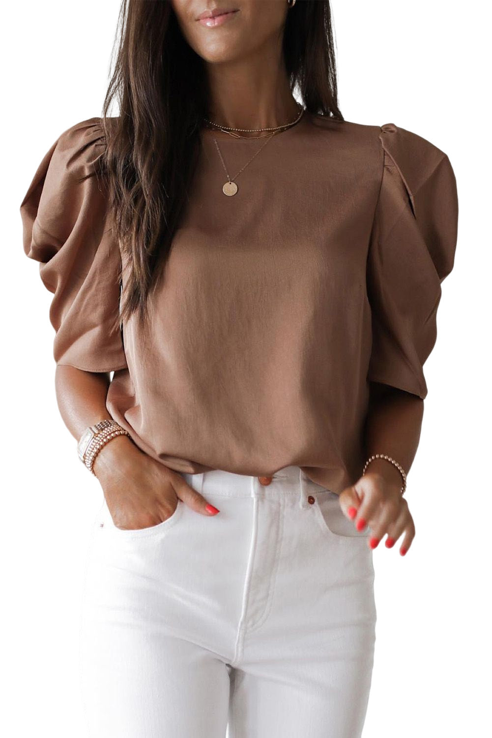 Brown Keyhole Back Puff Sleeve Crew Neck Top