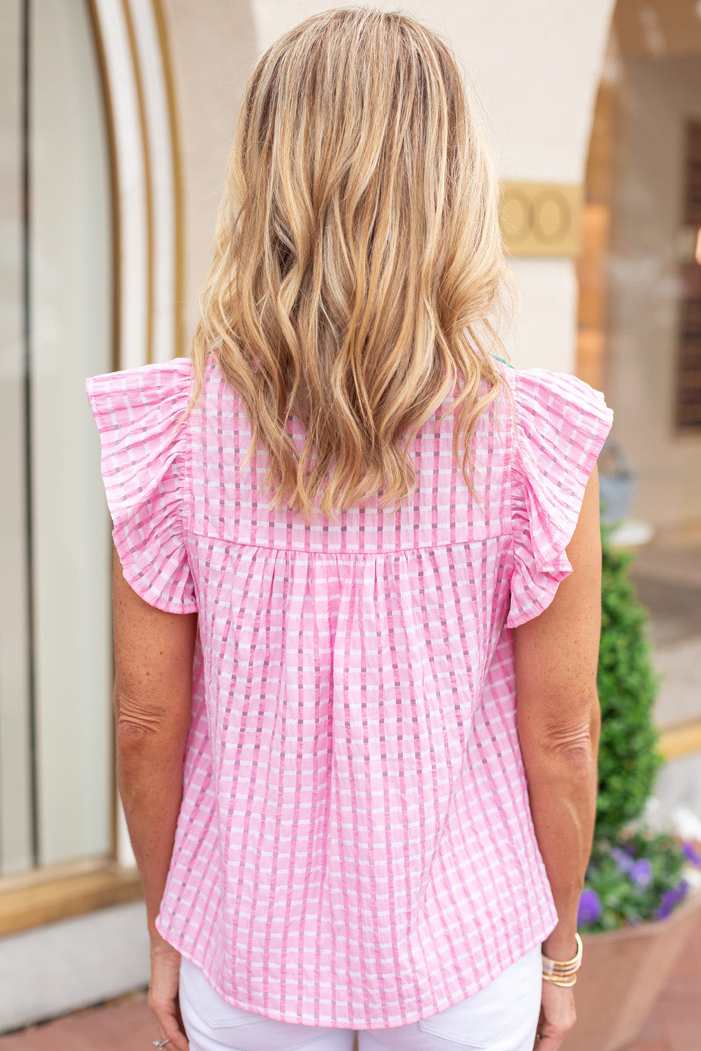 Pink Floral Embroidered Check Ruffle Flutter Sleeves Blouse