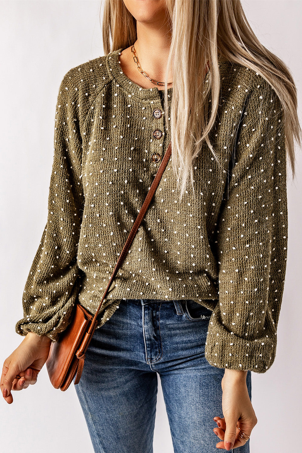 Apricot Swiss Dot Raglan Sleeves Knit Top