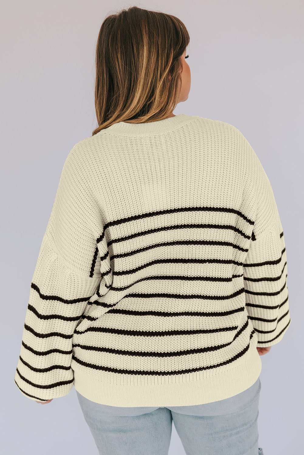 Khaki Plus Size Striped Drop Shoulder Puff Sleeve Sweater