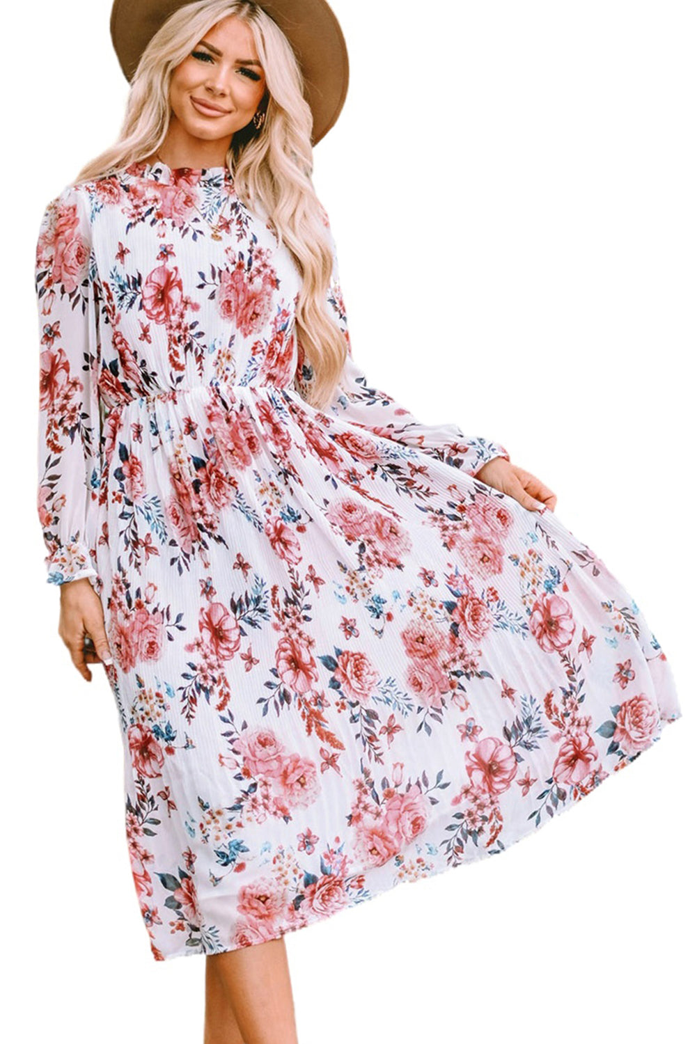 Beige Floral Print Puffy Sleeve Ruffled Midi Dress