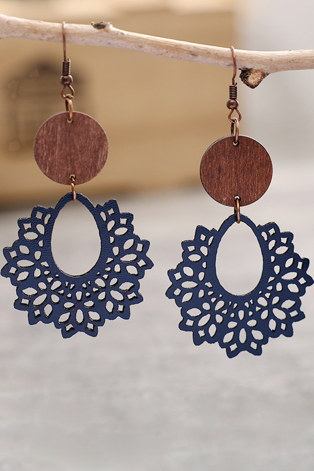 White Hollowed Flower Round Wood Pendant Earrings