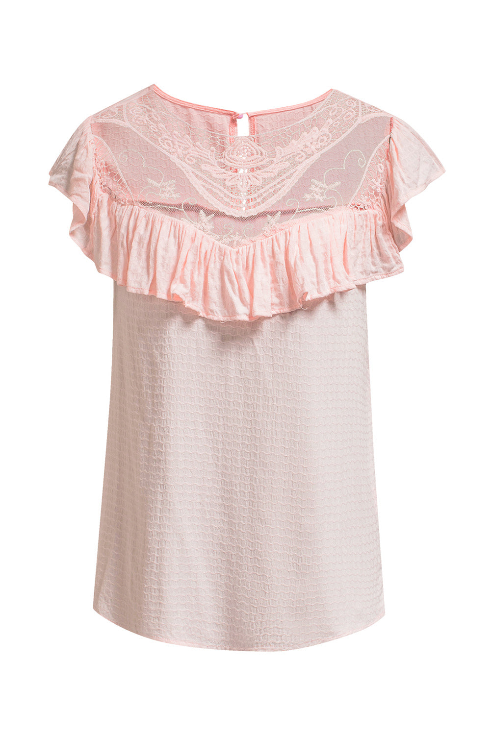 Pink Lace Splicing Ruffled Short Sleeve T-shirt