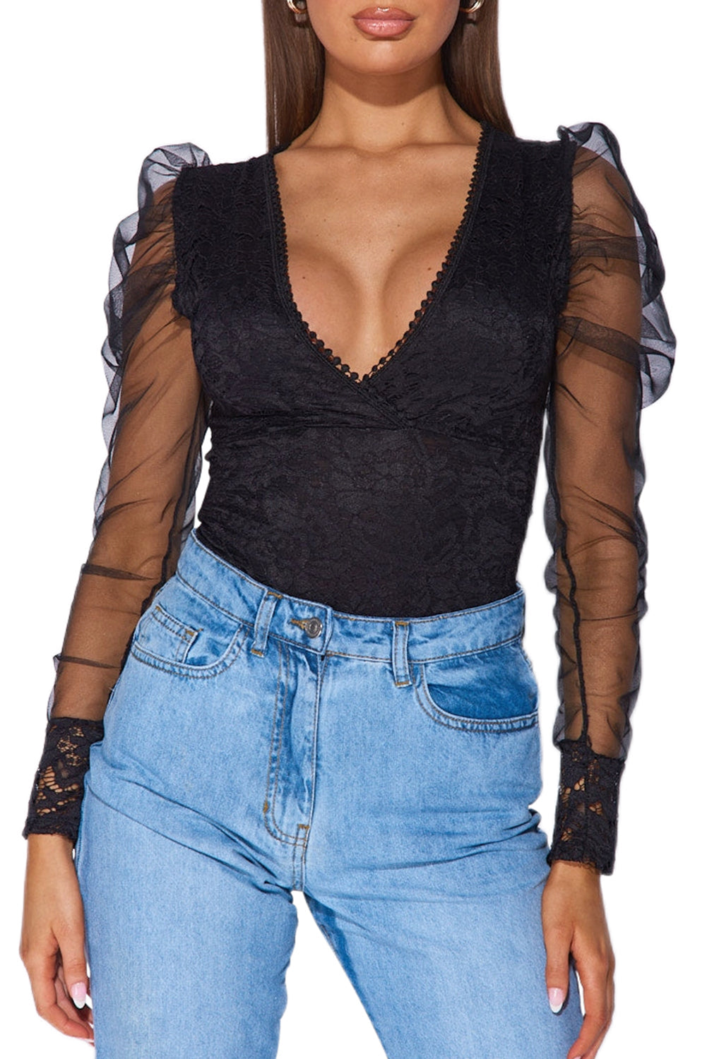 Black V Neck Lace Sheer Puff Sleeve Bodysuit