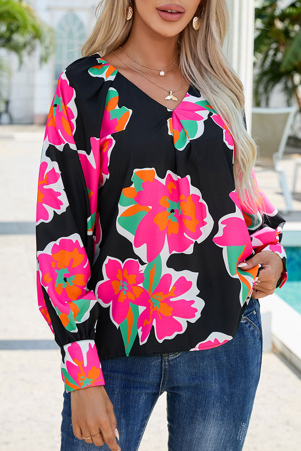 Black Flower Print Puff Sleeve Blouse