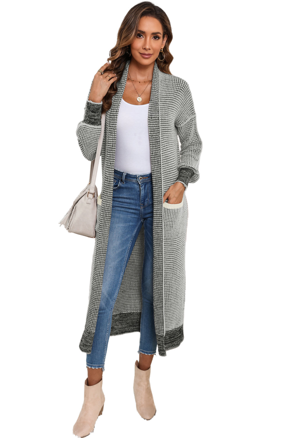 Grey Plaid Contrast Trim Open Front Cardigan