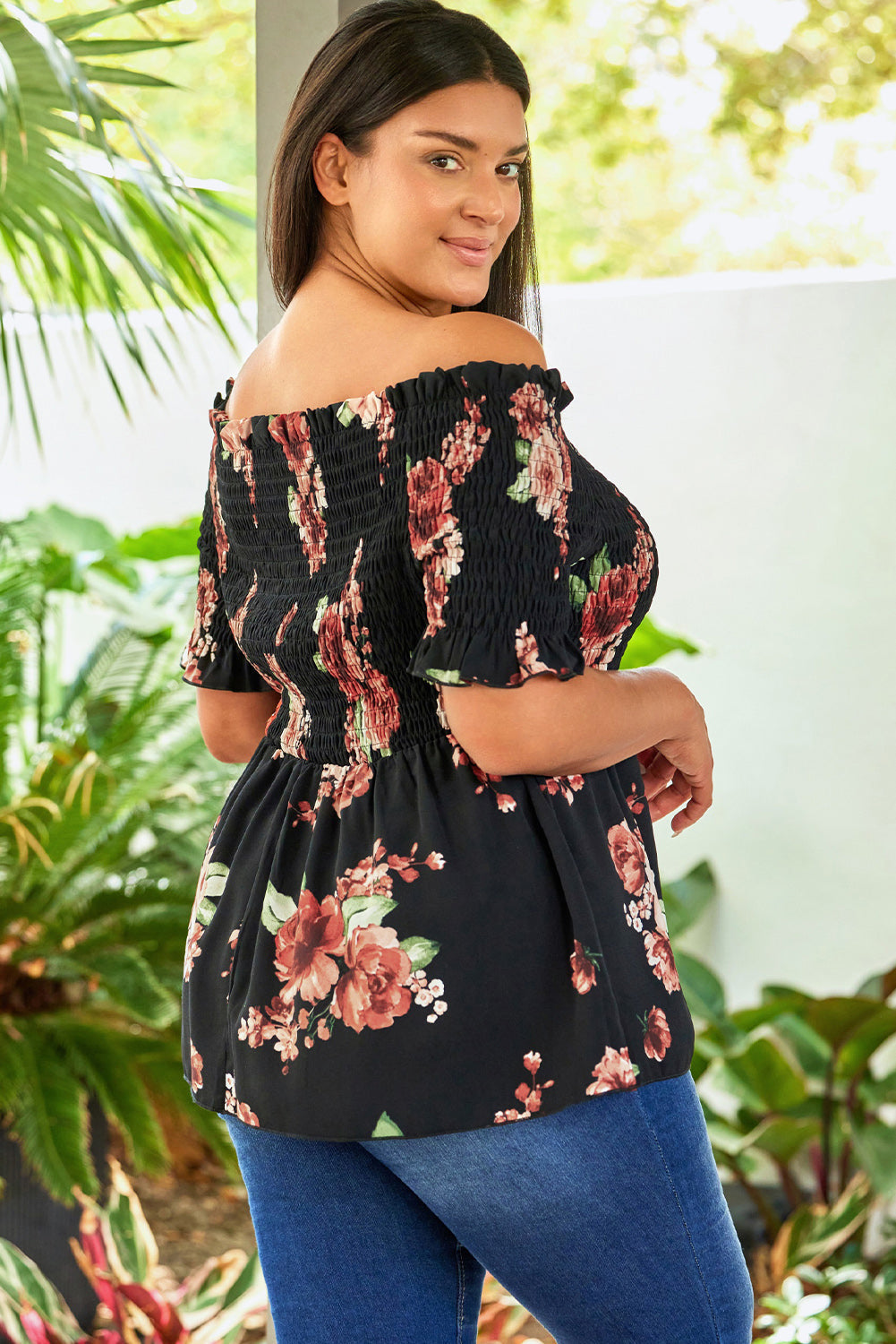 Black Floral Smocked Off Shoulder Plus Size Blouse